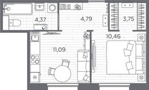ЖК «Plus Пулковский», планировка 1-комнатной квартиры, 35.40 м²