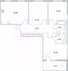 МЖК «Любоград», планировка 3-комнатной квартиры, 84.17 м²