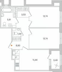МЖК «Дубровский», планировка 2-комнатной квартиры, 64.29 м²