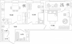 ЖК «Тайм Сквер», планировка 2-комнатной квартиры, 69.40 м²