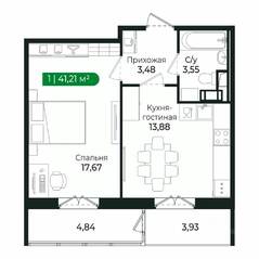 ЖК «Sertolovo Park», планировка 1-комнатной квартиры, 41.21 м²