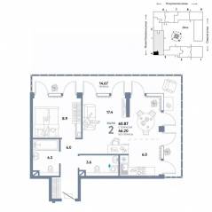 ЖК «Страна.Озерная», планировка 2-комнатной квартиры, 60.87 м²