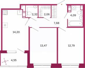 ЖК «Дом на Курской», планировка 2-комнатной квартиры, 58.89 м²