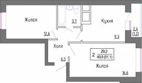 МЖК «Новое Замитино», планировка 2-комнатной квартиры, 51.60 м²