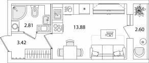 ЖК «Кинопарк», планировка студии, 21.41 м²