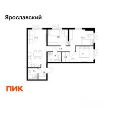ЖК «Ярославский», планировка 3-комнатной квартиры, 74.20 м²