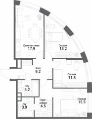 ЖК «Nagatino i-Land», планировка 3-комнатной квартиры, 80.20 м²