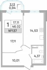 ЖК «Дом-Мегалит в Королёве», планировка 1-комнатной квартиры, 45.70 м²