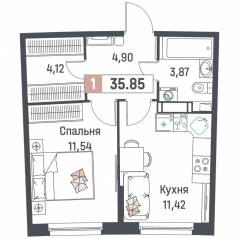 ЖК «Авиатор» (Девяткино), планировка 1-комнатной квартиры, 35.85 м²