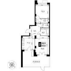ЖК «Южная Битца», планировка 2-комнатной квартиры, 63.50 м²