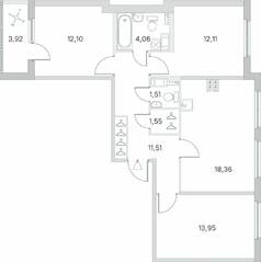МЖК «Любоград», планировка 3-комнатной квартиры, 77.11 м²