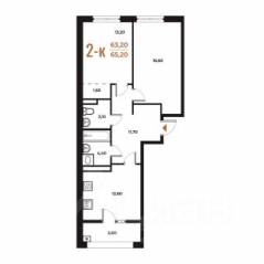 ЖК «Новое Летово», планировка 2-комнатной квартиры, 65.20 м²