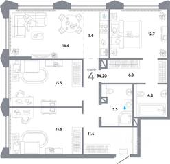 ЖК «Страна.Озерная», планировка 4-комнатной квартиры, 94.20 м²