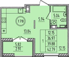 МЖК «Образцовый квартал 14», планировка 1-комнатной квартиры, 36.97 м²