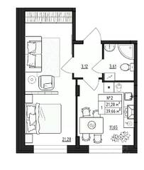 МЖК «Верево-Сити», планировка 1-комнатной квартиры, 39.66 м²