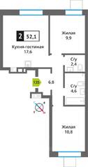 ЖК «Лесная Отрада», планировка 2-комнатной квартиры, 52.10 м²