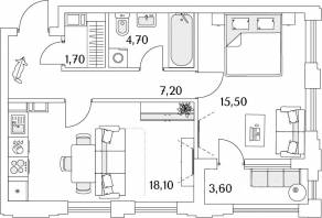 ЖК «Тайм Сквер», планировка 1-комнатной квартиры, 49.10 м²