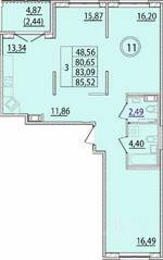 МЖК «Образцовый квартал 15», планировка 3-комнатной квартиры, 80.65 м²