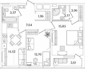 ЖК «Лайнеръ», планировка 2-комнатной квартиры, 63.88 м²
