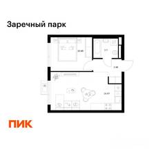 ЖК «Заречный парк», планировка 1-комнатной квартиры, 37.82 м²