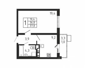 ЖК «Пироговская Ривьера», планировка 1-комнатной квартиры, 37.80 м²