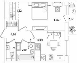 ЖК «Кинопарк», планировка 1-комнатной квартиры, 35.27 м²
