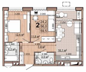 ЖК «Гранд Комфорт», планировка 2-комнатной квартиры, 59.50 м²