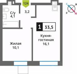 ЖК «Лесная Отрада», планировка 1-комнатной квартиры, 33.50 м²