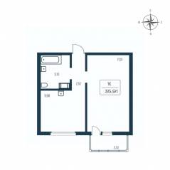 ЖК «Расцветай в Янино», планировка 1-комнатной квартиры, 35.50 м²