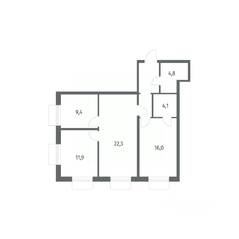 ЖК «Парусная 1», планировка 3-комнатной квартиры, 75.40 м²