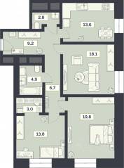 ЖК «Лайм», планировка 3-комнатной квартиры, 91.90 м²