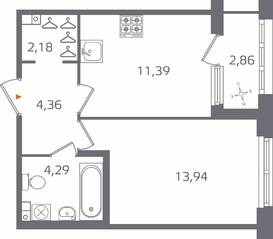 ЖК «Б15», планировка 1-комнатной квартиры, 37.59 м²