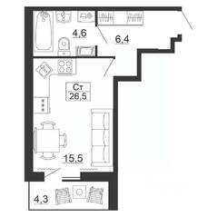ЖК «Рубеж», планировка студии, 26.50 м²