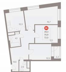 ЖК «Отлично», планировка 3-комнатной квартиры, 72.00 м²