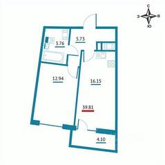 ЖК «Левитан», планировка 1-комнатной квартиры, 39.81 м²