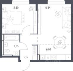 ЖК «Богдановский Лес», планировка 1-комнатной квартиры, 43.66 м²