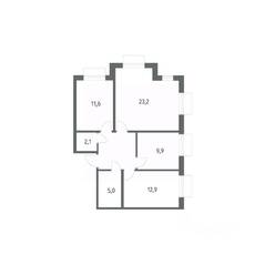 ЖК «Парусная 1», планировка 3-комнатной квартиры, 74.00 м²