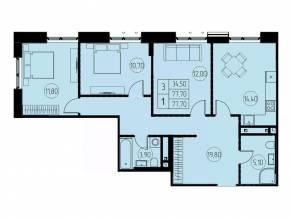 ЖК «7 небо», планировка 3-комнатной квартиры, 77.70 м²