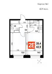 ЖК «Мытищи-Сити», планировка 2-комнатной квартиры, 42.90 м²
