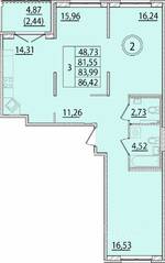 МЖК «Образцовый квартал 15», планировка 3-комнатной квартиры, 81.55 м²
