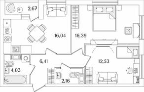 ЖК «Лайнеръ», планировка 2-комнатной квартиры, 58.90 м²