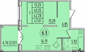 МЖК «Образцовый квартал 17», планировка 1-комнатной квартиры, 40.25 м²
