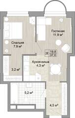 ЖК «Новые смыслы», планировка 2-комнатной квартиры, 37.00 м²