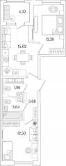 ЖК «Гранат», планировка 2-комнатной квартиры, 52.64 м²