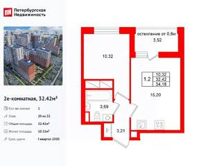 ЖК «Город звезд», планировка 1-комнатной квартиры, 32.42 м²