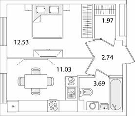 ЖК «Кинопарк», планировка 1-комнатной квартиры, 31.96 м²