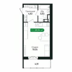 ЖК «Sertolovo Park», планировка студии, 28.94 м²