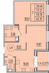 МЖК «Образцовый квартал 17», планировка 2-комнатной квартиры, 57.21 м²