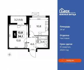 ЖК «Южная Битца», планировка 1-комнатной квартиры, 34.00 м²