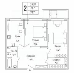 ЖК «Riga Hills», планировка 2-комнатной квартиры, 70.71 м²